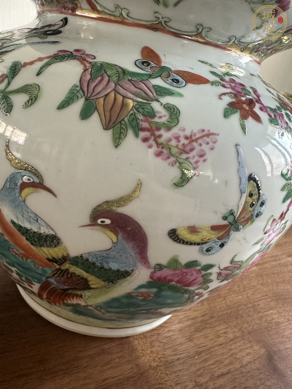 古玩陶瓷廣彩雉雞牡丹圖獅耳罐真品鑒賞圖