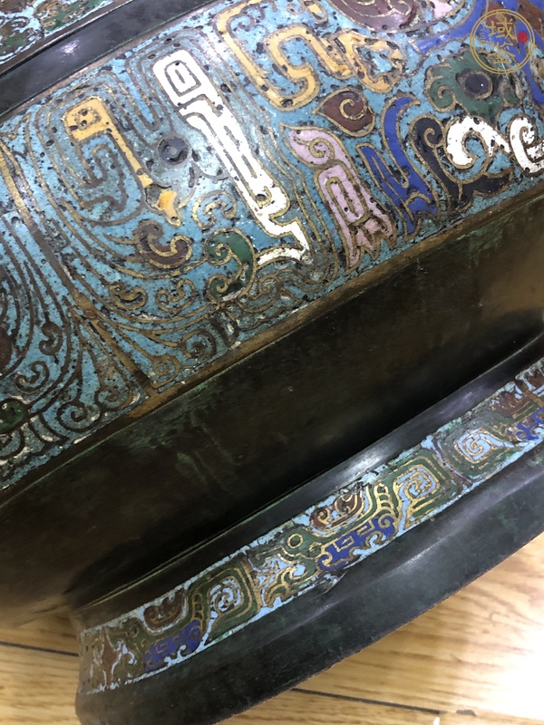 古玩銅器清末民初·銅胎掐絲琺瑯彩獸面紋大香爐 真品鑒賞圖
