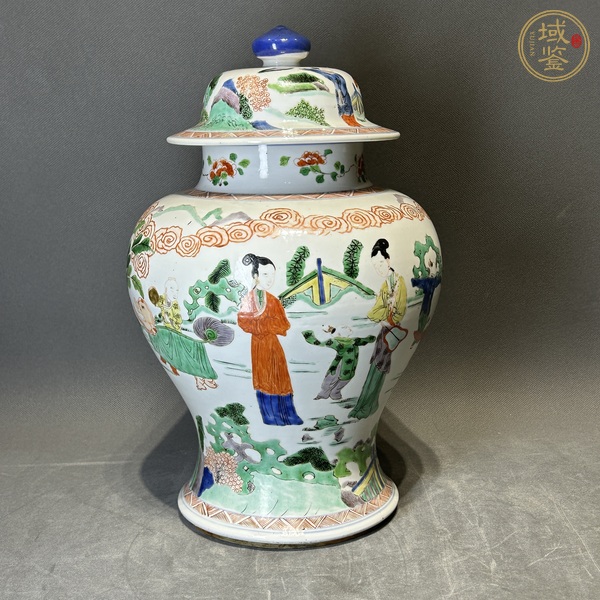 古玩陶瓷仕女嬰戲紋五彩將軍罐真品鑒賞圖
