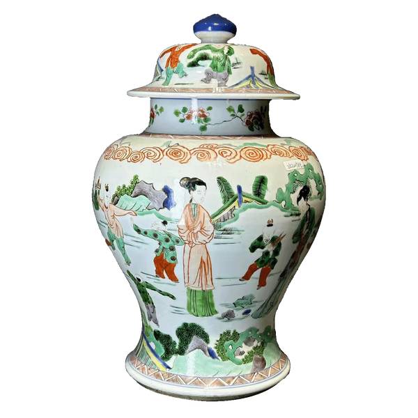 古玩仕女嬰戲紋五彩將軍罐真品鑒賞圖