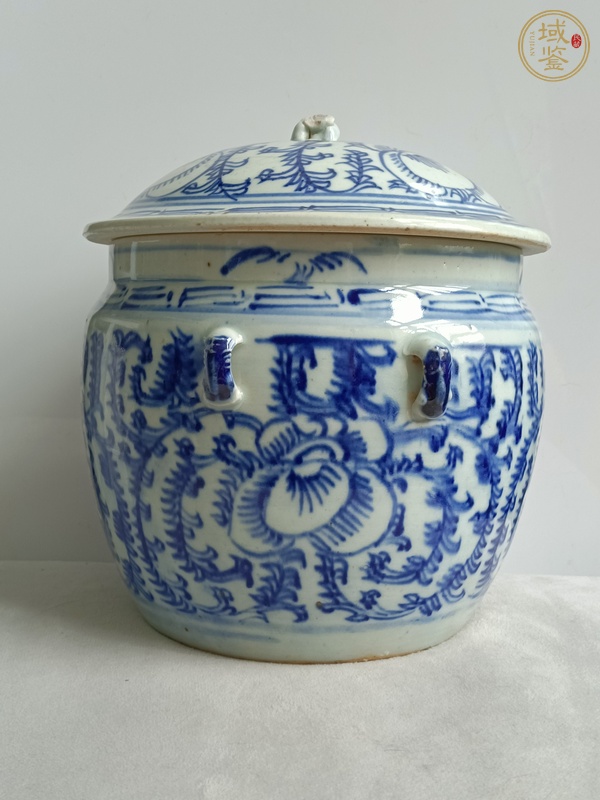 古玩陶瓷青花纏枝花紋四系粥罐真品鑒賞圖