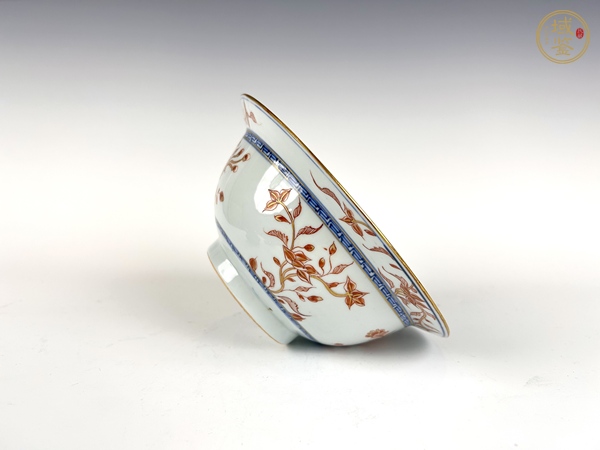 古玩陶瓷清康熙·礬紅四季花卉描金折沿碗真品鑒賞圖