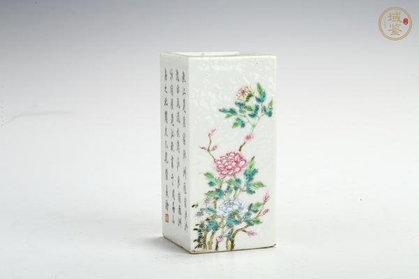 古玩民國(guó)·粉彩花鳥(niǎo)詩(shī)文四方筆筒真品鑒賞圖