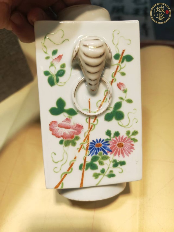 古玩陶瓷粉彩花卉四方象耳琮式瓶真品鑒賞圖