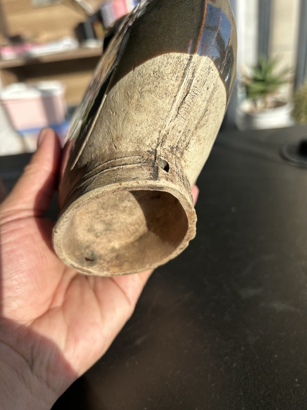 古玩陶瓷金元耀州黑釉樹(shù)葉紋穿戴扁壺（馬背上的壺）拍賣，當(dāng)前價(jià)格864元