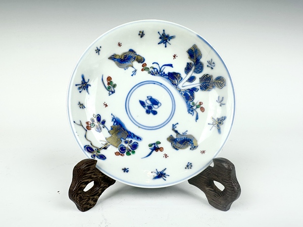 古玩嚴(yán)選清康熙·青花描金加彩斗雞圖盤拍賣，當(dāng)前價(jià)格400元