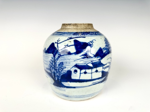 古玩嚴(yán)選清中期·青花山水人物大罐拍賣，當(dāng)前價格860元