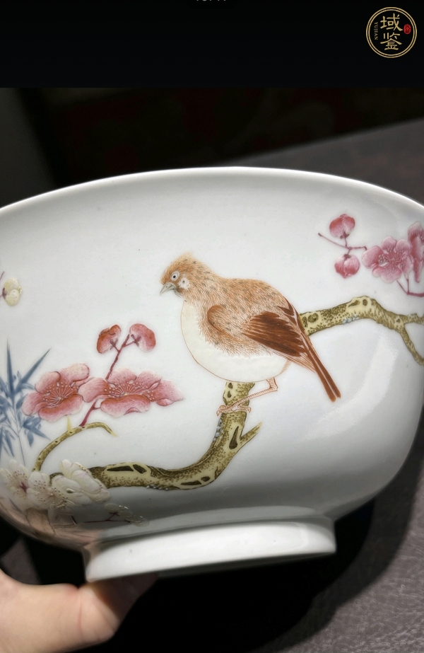 古玩陶瓷粉彩花鳥梅竹紋大碗真品鑒賞圖