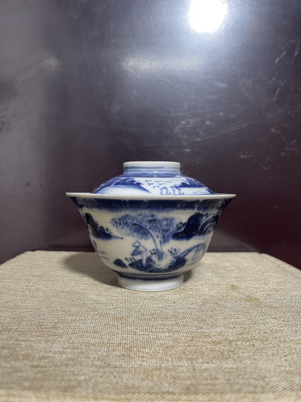 古玩轉賣清.青花山水蓋碗拍賣，當前價格888元