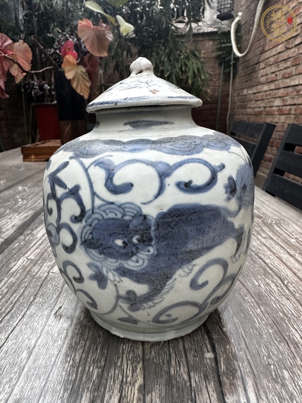 古玩陶瓷花間獅子紋青花蓋罐真品鑒賞圖
