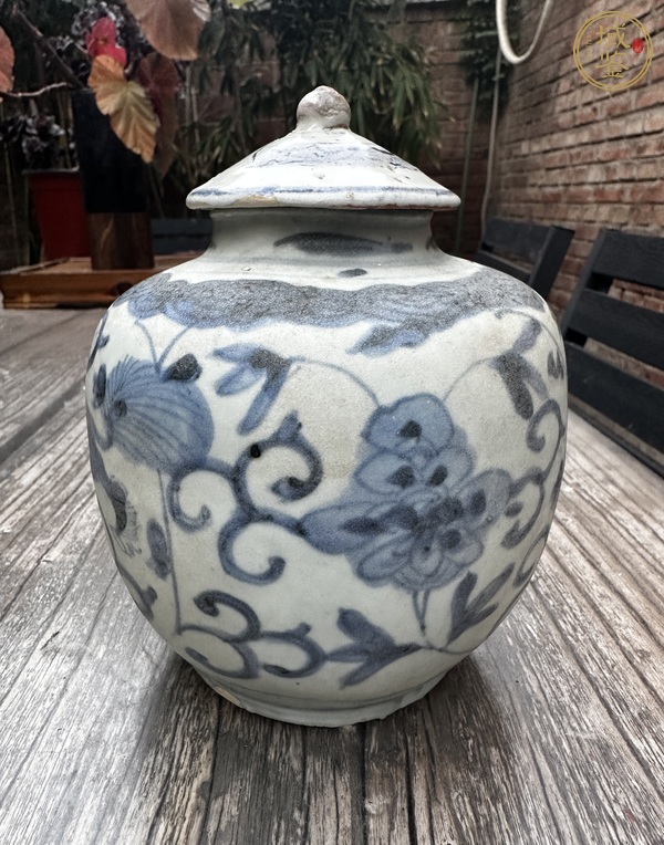 古玩陶瓷花間獅子紋青花蓋罐真品鑒賞圖