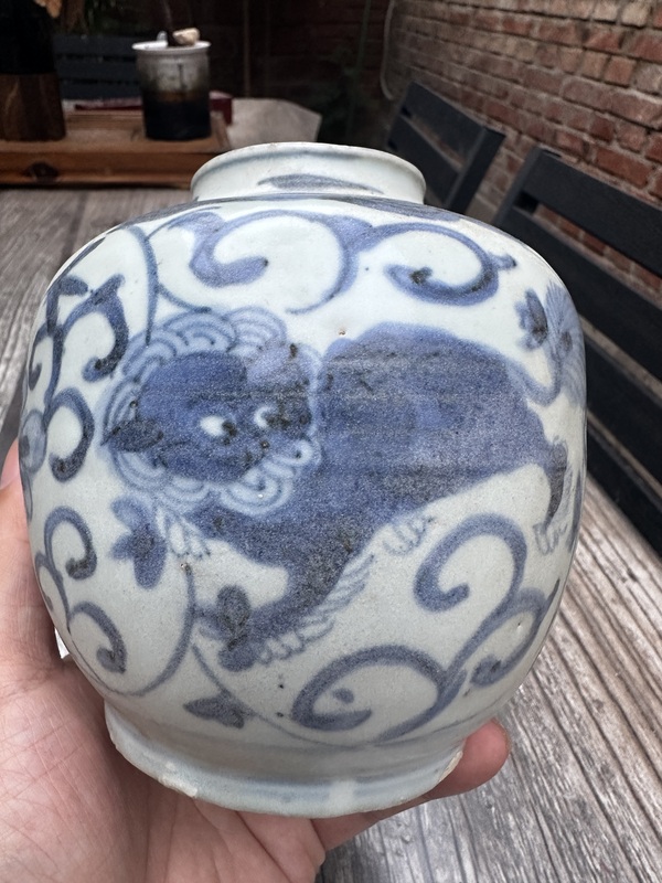 古玩陶瓷明晚花間獅子紋青花蓋罐拍賣，當前價格5555元