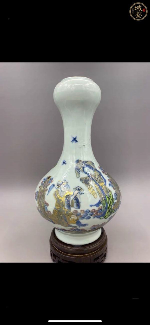 古玩陶瓷青花加彩人物故事紋蒜頭瓶真品鑒賞圖