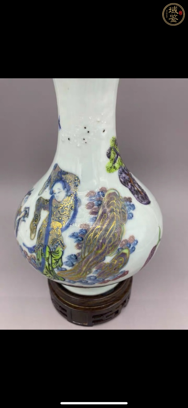 古玩陶瓷青花加彩人物故事紋蒜頭瓶真品鑒賞圖