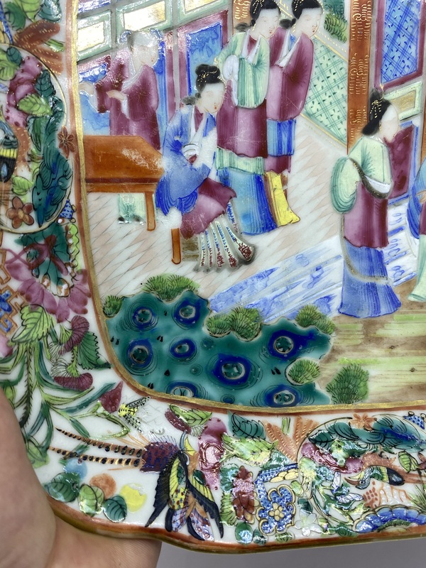 古玩陶瓷清道光時期 廣彩人物故事厚胎四方倭角賞盤拍賣，當前價格2000元