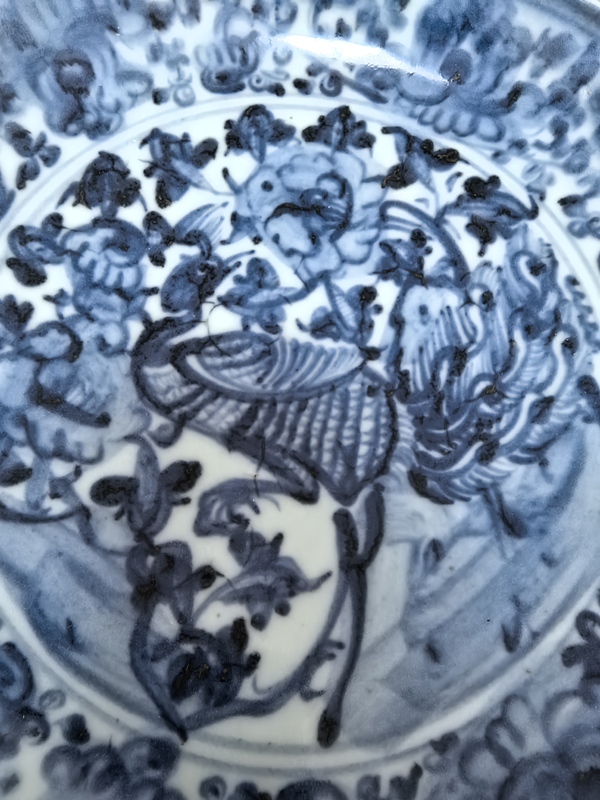 古玩陶瓷明中期青花鳳傳花卉紋盤拍賣，當前價格5980元