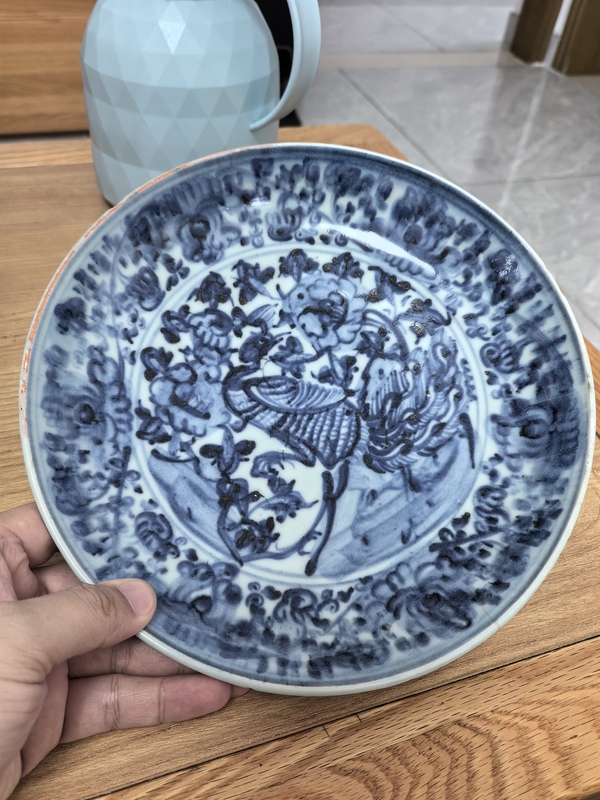 古玩陶瓷明中期青花鳳傳花卉紋盤拍賣，當前價格5980元