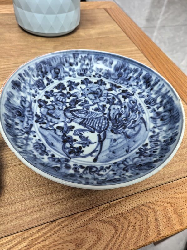 古玩陶瓷明中期青花鳳傳花卉紋盤拍賣，當前價格5980元