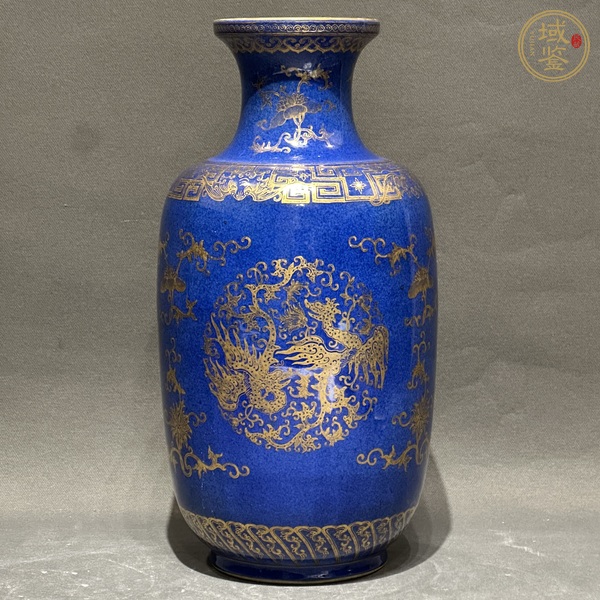 古玩陶瓷灑藍(lán)描金夔鳳紋盤(pán)口瓶真品鑒賞圖