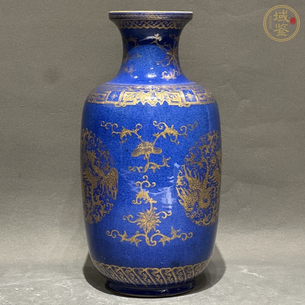 古玩陶瓷灑藍(lán)描金夔鳳紋盤(pán)口瓶真品鑒賞圖