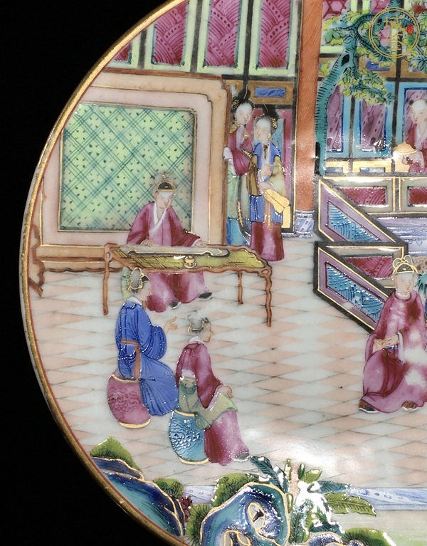 古玩陶瓷嘉道廣彩通景人物盤真品鑒賞圖