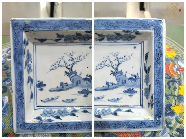 古玩陶瓷青花山水人物紋四方盤真品鑒賞圖