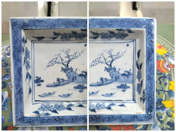 古玩陶瓷明代青花山水人物紋四方盤拍賣，當(dāng)前價(jià)格3200元