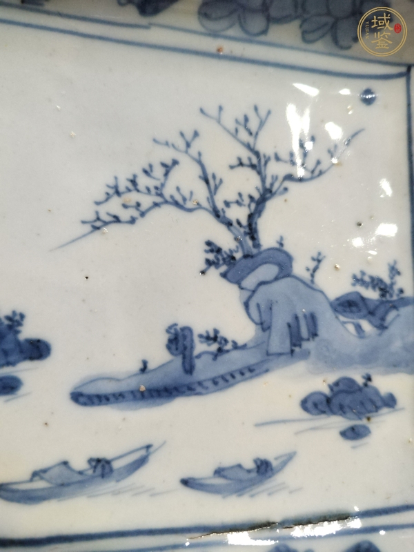 古玩陶瓷青花山水人物紋四方盤真品鑒賞圖