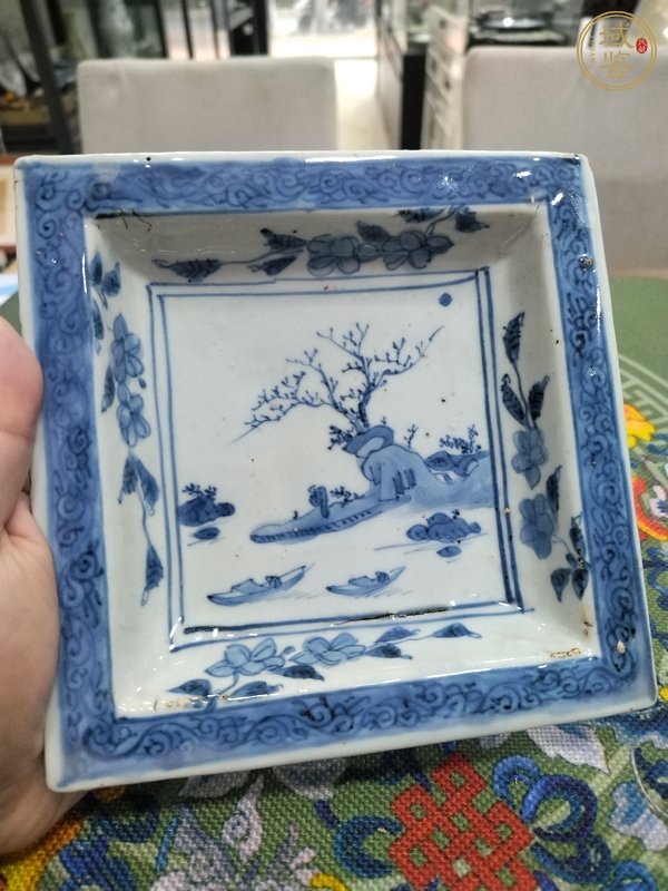 古玩陶瓷青花山水人物紋四方盤真品鑒賞圖