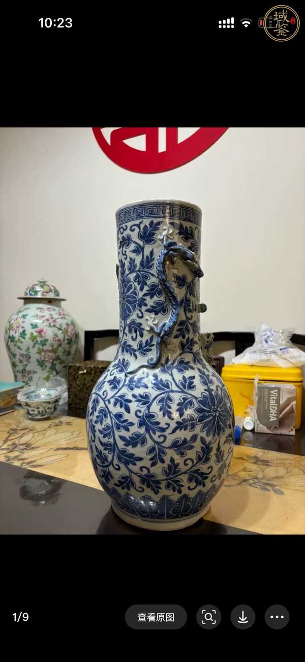 古玩陶瓷青花纏枝花卉紋貼塑龍紋瓶真品鑒賞圖