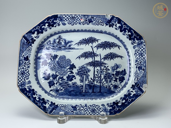 古玩清乾隆·青花竹葉牡丹紋大盤真品鑒賞圖