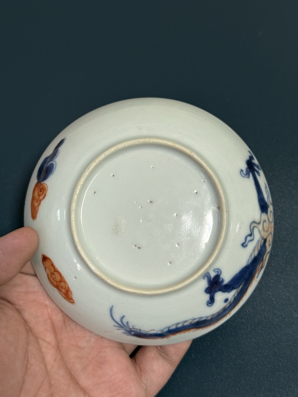 古玩陶瓷清·雍正過墻龍紋青花礬紅盤拍賣，當前價格1880元