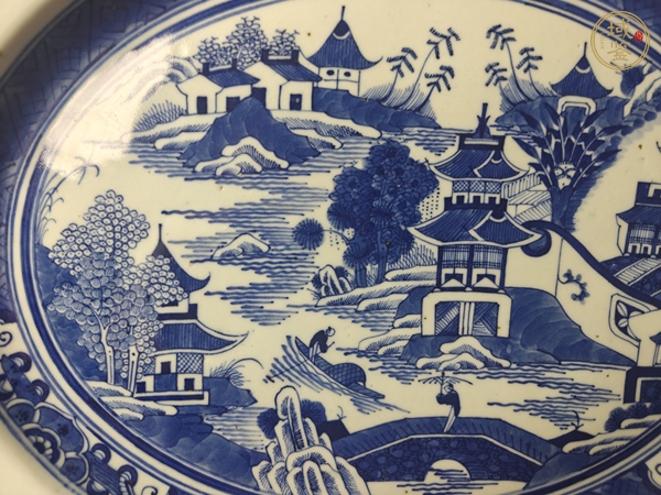 古玩陶瓷山水亭臺樓閣青花大盤真品鑒賞圖