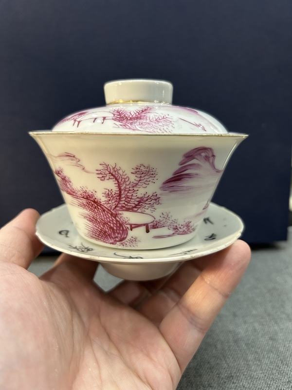 古玩陶瓷民國(guó)胭脂紅山水人物三才杯拍賣，當(dāng)前價(jià)格1900元