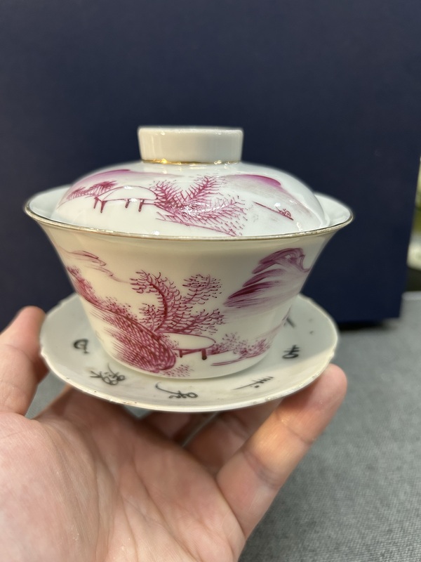 古玩陶瓷民國(guó)胭脂紅山水人物三才杯拍賣，當(dāng)前價(jià)格1900元