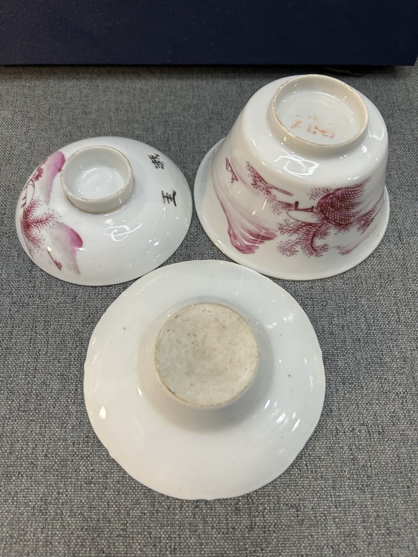古玩陶瓷民國(guó)胭脂紅山水人物三才杯拍賣，當(dāng)前價(jià)格1900元