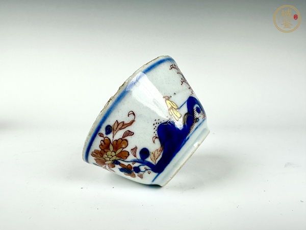 古玩陶瓷清康熙·青花加彩描金高仕亭臺樓閣馬蹄杯真品鑒賞圖