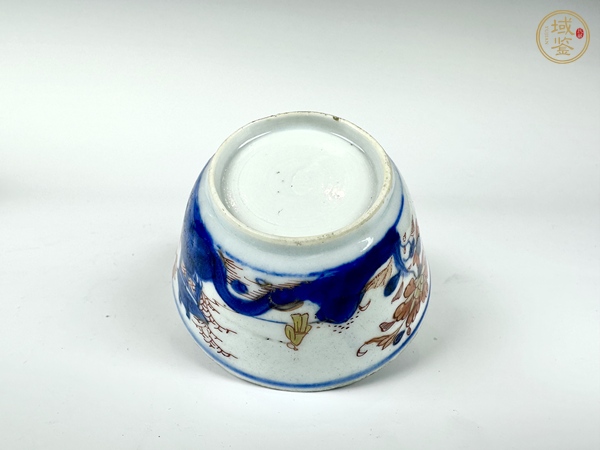 古玩陶瓷清康熙·青花加彩描金高仕亭臺樓閣馬蹄杯真品鑒賞圖