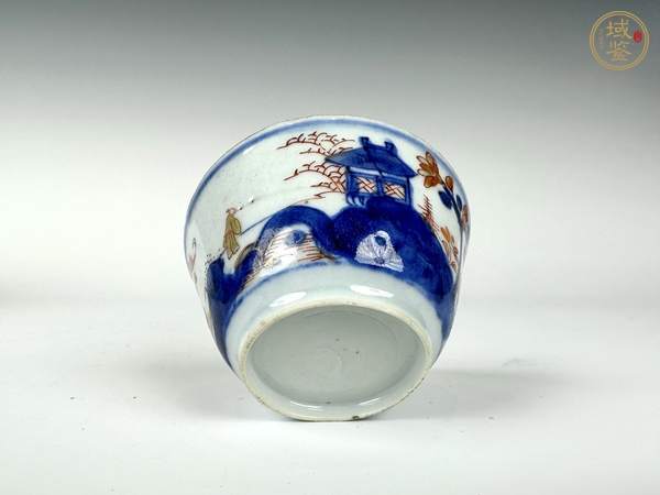 古玩陶瓷清康熙·青花加彩描金高仕亭臺樓閣馬蹄杯真品鑒賞圖