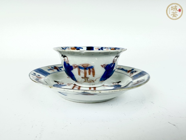 古玩陶瓷清康熙·青花礬紅描金人物仕女杯碟真品鑒賞圖