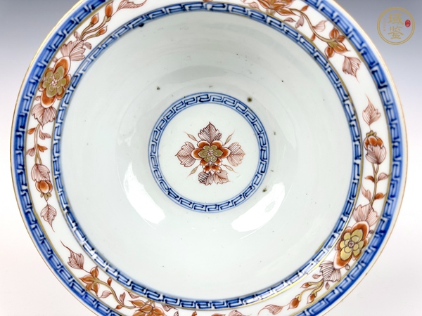 古玩陶瓷清康熙·礬紅四季花卉描金折沿碗真品鑒賞圖