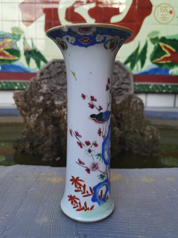 古玩陶瓷清代乾隆花鳥紋粉彩束腰花觚真品鑒賞圖