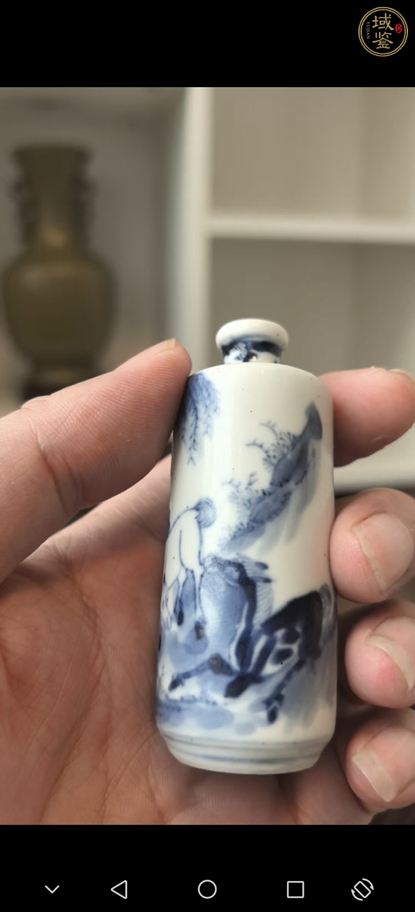 古玩陶瓷柳蔭棲馬紋青花鼻煙壺真品鑒賞圖