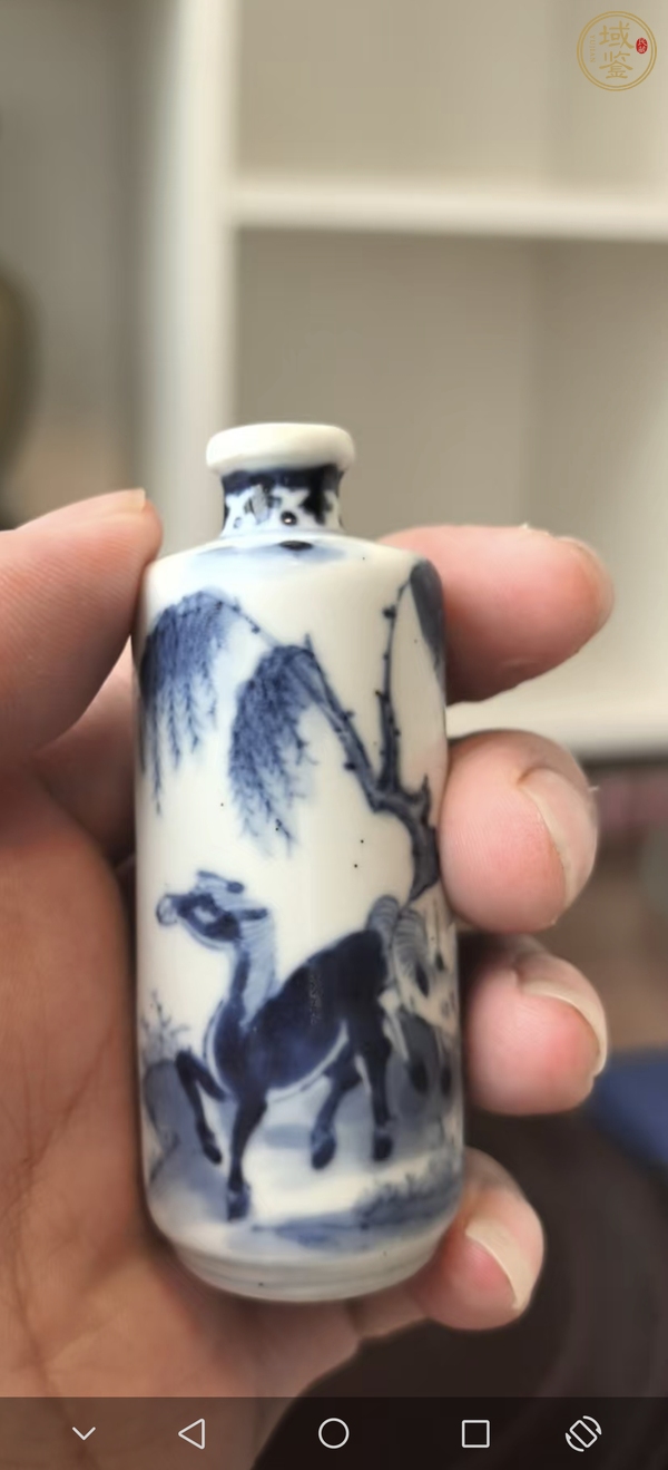 古玩陶瓷柳蔭棲馬紋青花鼻煙壺真品鑒賞圖