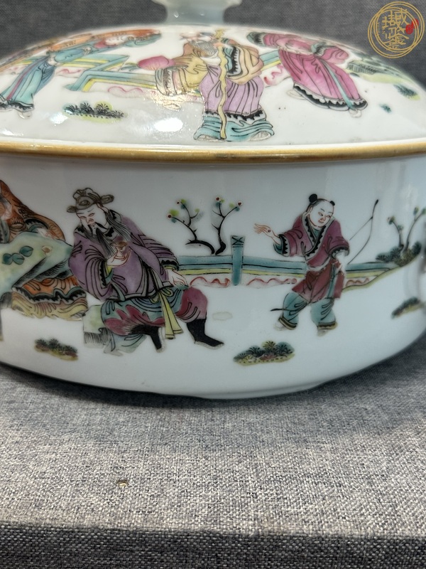 古玩陶瓷粉彩人物故事紋蓋鍋真品鑒賞圖