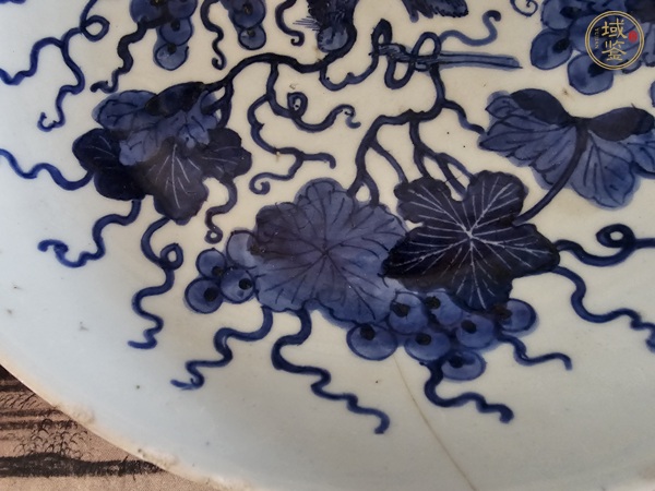 古玩陶瓷松鼠葡萄紋青花盤真品鑒賞圖