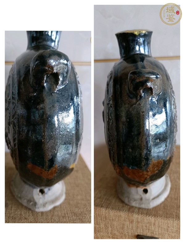 古玩陶瓷窯變釉印花福字扁型穿帶瓶真品鑒賞圖