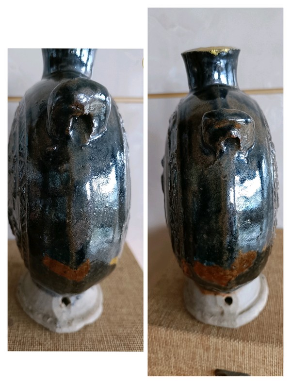 古玩陶瓷明代窯變釉印花福字扁型穿帶瓶拍賣，當(dāng)前價(jià)格598元