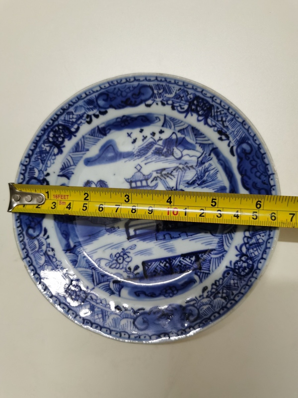 古玩陶瓷樓臺亭閣山水紋青花盤拍賣，當(dāng)前價格1200元