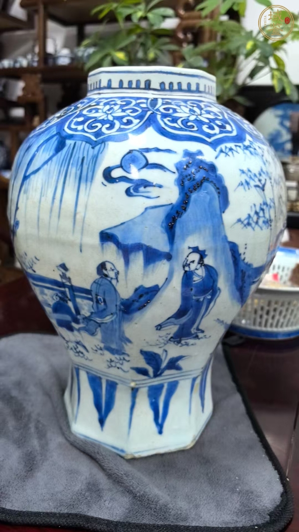 古玩陶瓷明崇禎青花高士童子圖罐真品鑒賞圖